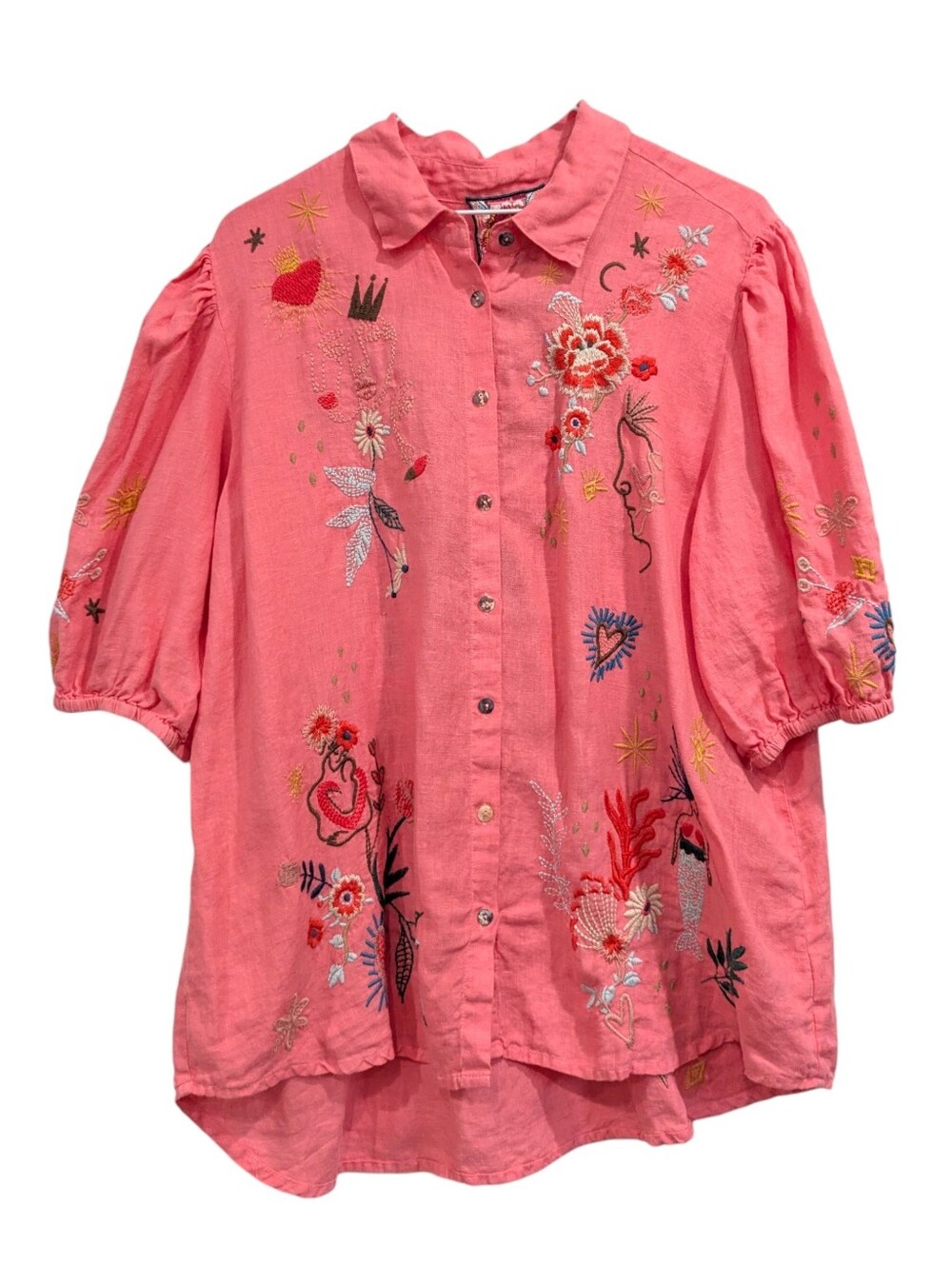 Johnny Was Ruth Lisbon Embroidered Linen Blouse Coral Pink Button Top Size M - Picture 2 of 7